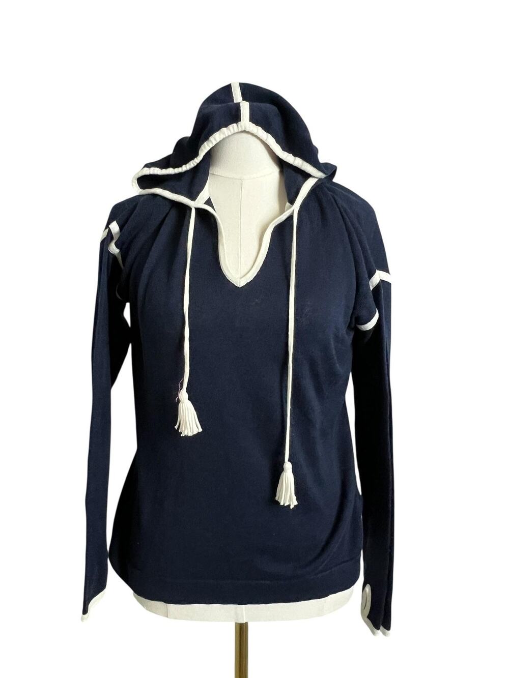 Caroline Grace Hooded Sweater Small Petite Blue Knit Top Cashmere Cotton Lounge